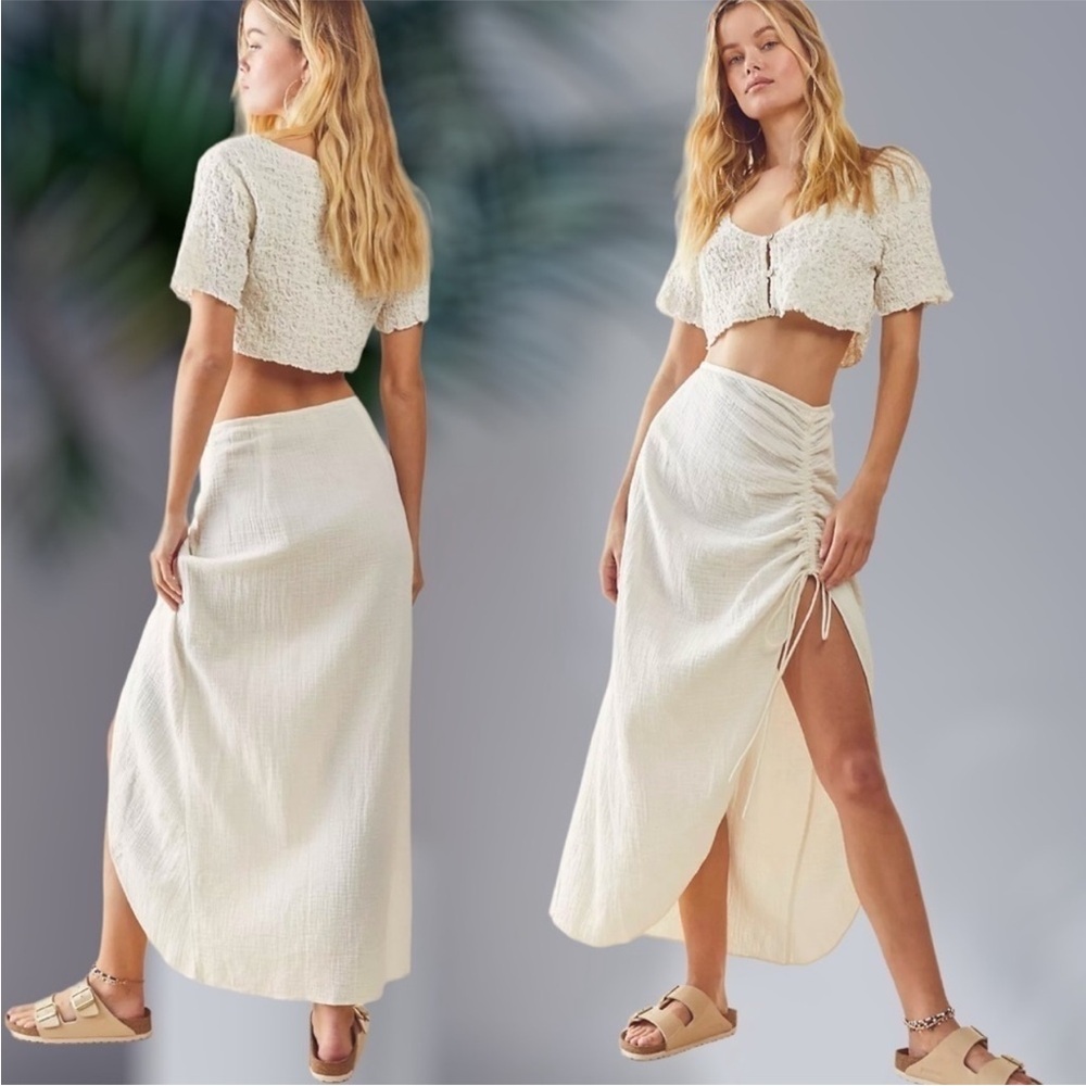 Free People New Natural Cerine Ruched Midi Skirt in Ivory NWOT - Picture 1 of 16